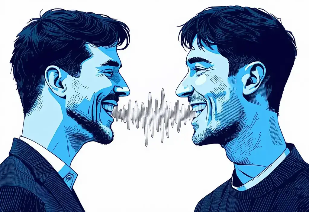 Image of two similar looking people to represent advanced voice cloning technology